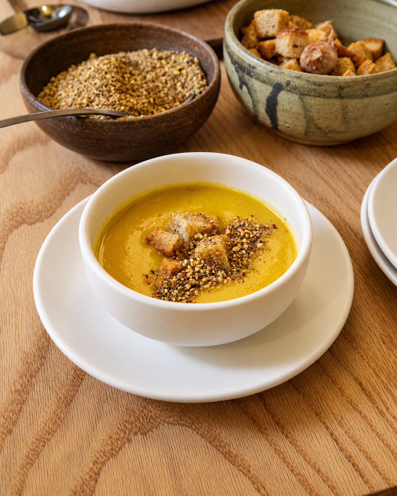 Sopa de calabaza mantequilla con dukkah de avellana y crutones al tomillo 1 l